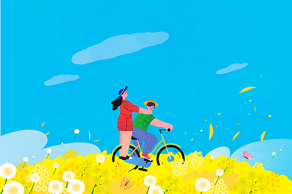 여자 남자 꽃 꽃밭 일러스트 모션 자연 하늘 바람 함께함 풍경 두명 여름 친구 운동 노란색 자전거 승차 즐거움 외출 봄여행 지나가기 국내일러스트 AI파일 자연요소 식물 계절 감정 컬러 여행 컨셉 관계 날씨 건강 사람 바이크 봄 생태계 파일형식 벡터