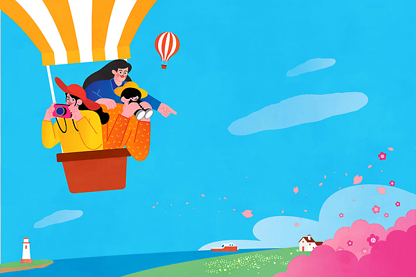 꽃 바다 컬러 여행 일러스트 모션 하늘 협력 풍경 친구 촬영 탐험 열기구 비행 고도 언덕 즐거움 조화 봄여행 국내일러스트 AI파일 식물 감정 관계 항공교통 봄 파일형식 벡터