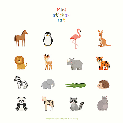 PSD 동물 스티커 일러스트 사슴 코끼리 세트 귀여움 말 말_동물 호랑이 소 사자 판다 플라밍고 기린 젖소 펭귄 악어 얼룩말 캥거루 너구리 코뿔소 고슴도치 국내일러스트 컨셉 곰 포유류 파충류 조류 파일형식