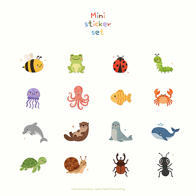 PSD 디자인 곤충 스티커 일러스트 개구리 어류 세트 바다동물 게 거북이 꿀벌 바다표범 물개 딱정벌레 고래 돌고래 달팽이 무당벌레 문어 애벌레 개미 해파리 수달 국내일러스트 동물 바다 포유류 파충류 연체동물 갑각류 양서류 수중동물 자포동물 벌레 벌_곤충 파일형식