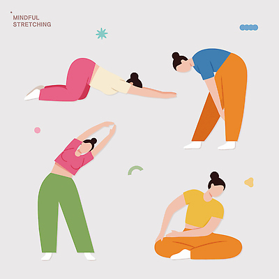 웰빙 포즈 신체 일러스트 건강 사람 운동 건강관리 헬스 스트레칭 유연 연습 명상 체조 기분전환 국내일러스트 AI파일 관리 파일형식 벡터