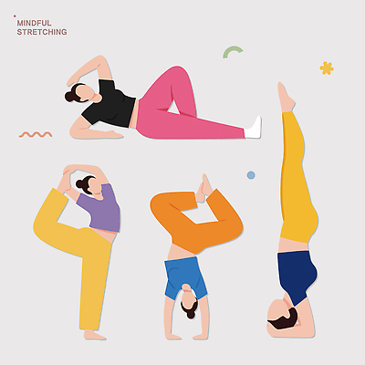 감정 포즈 신체 일러스트 요가 모션 근육 건강 운동 헬스 스트레칭 체험 그룹 균형 유연 집중 방법 국내일러스트 AI파일 웰빙 컨셉 파일형식 벡터