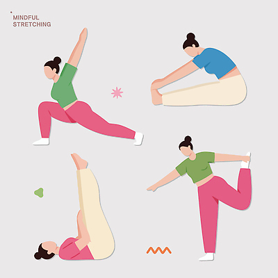 웰빙 포즈 신체 일러스트 모션 근육 건강 생활 운동 헬스 스트레칭 마사지 호흡 유연 자세교정 자기관리 국내일러스트 AI파일 연습 파일형식 벡터