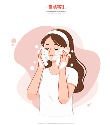 손 여자 얼굴 일러스트 아침 건강 관리 뷰티 깨끗함 청결 화장품 거품 세수 피부 피부관리 노력 스킨케어 클렌징 단계 방법 수분_꽃가루 국내일러스트 AI파일 주간 컨셉 사람 신체부위 위생 파일형식 벡터