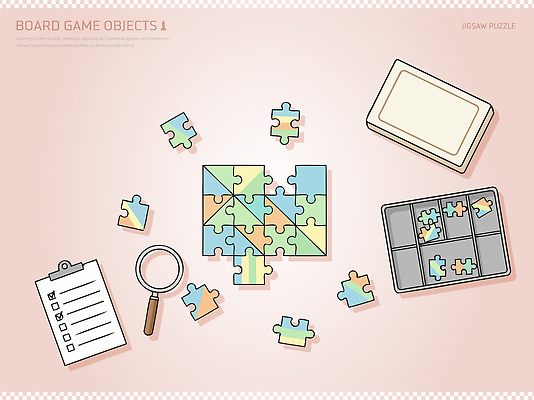 컬러 조각 일러스트 모션 놀이 탁자 형상 취미 놀이용품 게임 도구 메모지 시간 작업 퍼즐 오브젝트 확대경 보드게임 조립 구성 국내일러스트 AI파일 가구 사무용품 파일형식 벡터