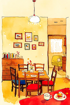 JPG 나무 벽 의자 일러스트 가족 식탁 탁자 아침 주택 요리 빨간색 파란색 인테리어 주방 식사 저녁 그림 점심 식사준비 국내일러스트 AI일러스트 AI콘텐츠 주간 식물 디자인 컬러 가구 관계 건물 야간 준비 파일형식