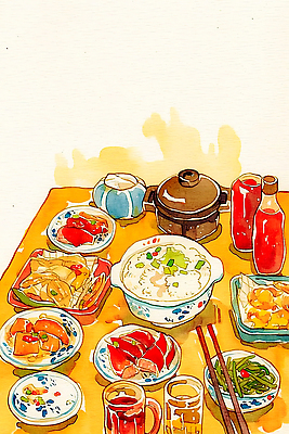 JPG 그릇 문화 음식 채소 일러스트 탁자 밥 반찬 한국 육류 대화 여러명 식사 모임 고추장 저녁 찌개 고객 나물 간장 국내일러스트 AI일러스트 AI콘텐츠 식기 아시아 가구 다수 식재료 말하기 사람 양념 야간 파일형식