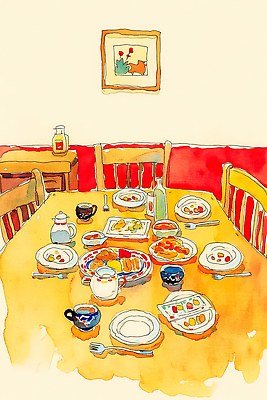 JPG 접시 커피 음료 음식 빵 컬러 과일 일러스트 가족 식탁 디저트 잔 대화 요리 친구 주방 식사 우유 아침식사 그림 국내일러스트 AI일러스트 AI콘텐츠 식기 관계 탁자 유제품 말하기 파일형식