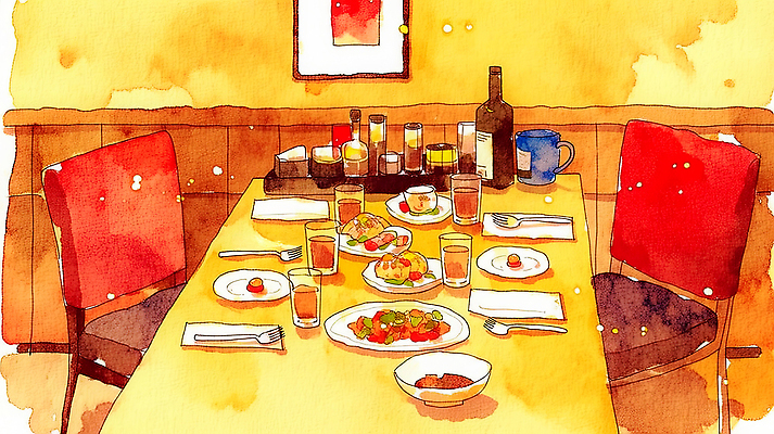 JPG 전통 음료 음식 벽 의자 일러스트 탁자 반찬 주류 함께함 대화 요리 식사 만남 분위기 저녁 그림 점심 국내일러스트 AI일러스트 AI콘텐츠 가구 컨셉 말하기 야간 파일형식