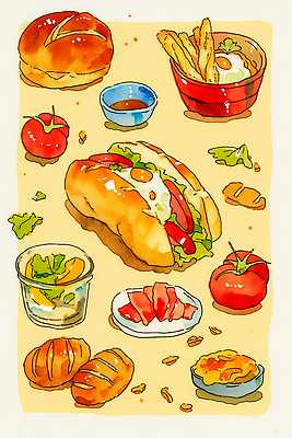 주간 음식 가구 컨셉 채소 감자 패스트푸드 라이프 알 튀김 파일형식 아침 핫도그 계란 감자튀김 토마토 샐러드 디저트 브레드 요리 탁자 먹거리 식사 재료 일상 건강 맛 일러스트 국내일러스트 JPG