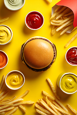 JPG 편집이미지 음식 백그라운드 포장 디저트 패스트푸드 요리 컵 노란색 식사 감자튀김 햄버거 맛 기름기 편집실사 AI포토 AI콘텐츠 식기 컬러 컨셉 감자 튀김 인스턴트 CG 파일형식