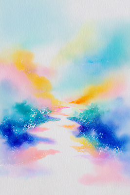 JPG 모양 예술 분홍색 컬러 하늘색 백그라운드 일러스트 자연 하늘 수채화 풍경 초록색 물 여름 파란색 그림 장면 국내일러스트 AI일러스트 AI콘텐츠 자연요소 계절 생태계 파일형식