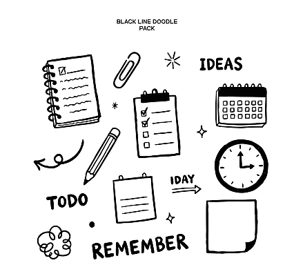컨셉 일러스트 문구용품 라이프 필기구 사무용품 파일형식 벡터 공책 체크리스트 계획 아이디어 펜 달력 시계 메모지 작업 정리 기록 심볼 시간 생각 창의성 도구 일상 국내일러스트 AI파일 라인일러스트 낙서