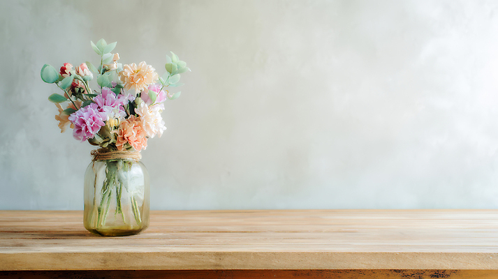 JPG 식물 편집이미지 디자인 꽃 컬러 백그라운드 자연 탁자 유리병 실내 장식 인테리어 장면 조화 나무탁자 생화 편집실사 AI포토 AI콘텐츠 가구 병_용기 내부 CG 생태계 파일형식