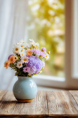 JPG 나무 식물 편집이미지 꽃 컬러 꽃다발 자연 탁자 실내 장식 여름 빛 인테리어 꽃병 다양 창가 편집실사 AI포토 AI콘텐츠 디자인 계절 가구 다수 창문 내부 CG 생태계 파일형식