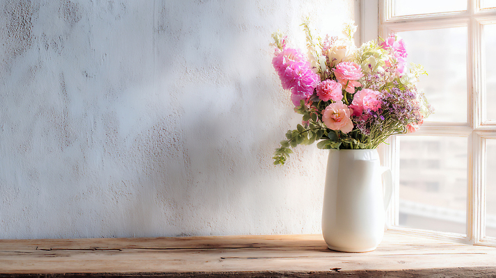 JPG 나무 식물 편집이미지 꽃 분홍색 컬러 꽃다발 탁자 조명 실내 장식 꽃병 보라색 흰색 창가 편집실사 AI포토 AI콘텐츠 가구 창문 내부 CG 파일형식