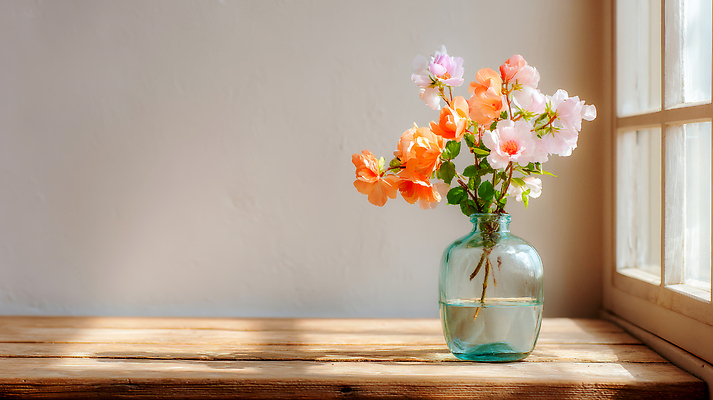 JPG 나무 식물 편집이미지 꽃 컬러 자연 유리 선반 실내 장식 인테리어 햇빛 꽃병 봄 창가 편집실사 AI포토 AI콘텐츠 디자인 계절 가구 창문 재질 내부 태양 CG 생태계 파일형식