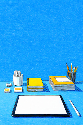 JPG 디자인 종이 백그라운드 스티커 일러스트 탁자 문구용품 학습 태블릿 사무실 필기구 연필 노란색 공책 공간 작업 준비 연필꽂이 테이프 정리 창의성 국내일러스트 AI일러스트 AI콘텐츠 교육 컬러 가구 비즈니스 학용품 전자제품 스마트기기 오브젝트 파일형식