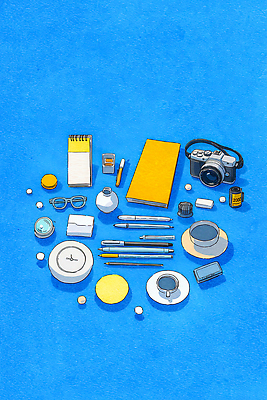 JPG 시계 일러스트 학교 문구용품 일상 파란색 필기구 연필 펜 카메라 사무용품 공책 작업 우유병 물병 스케치북 준비 그림 정리 국내일러스트 AI일러스트 AI콘텐츠 교육 컬러 병_용기 학용품 라이프 전자제품 우유 물통 오브젝트 파일형식