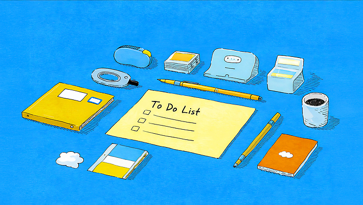 JPG 일러스트 문구용품 아이디어 일상 사무실 필기구 펜 기록 메모지 작업 사무 계획 집중 포스트잇 준비 문서 정리 창의성 체크리스트 국내일러스트 AI일러스트 AI콘텐츠 컨셉 비즈니스 라이프 사무용품 업무 오브젝트 파일형식