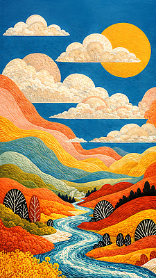 JPG 나무 예술 컬러 일러스트 자연 하늘 나뭇잎 풍경 물 강 태양 흐름 에너지 숲 언덕 하모니 매리골드 국내일러스트 AI일러스트 AI콘텐츠 자연요소 식물 꽃 컨셉 잎 노래 생태계 파일형식