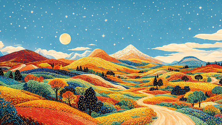JPG 나무 별 길 컬러 일러스트 자연 하늘 조명 산 풍경 달 언덕 그림 먼지 길가 평야 전경 비어있는 국내일러스트 AI일러스트 AI콘텐츠 자연요소 식물 생태계 파일형식 탑뷰
