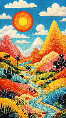 JPG 식물 물결 컬러 일러스트 자연 하늘 산 선인장 풍경 강 야자수 태양 사막 연못 강가 조경 지형 수목 국내일러스트 AI일러스트 AI콘텐츠 자연요소 나무 생태계 파일형식