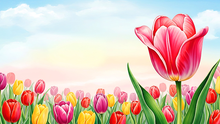 식물 계절 꽃 컬러 노을 생태계 파일형식 AI콘텐츠 튤립 꽃밭 일몰 풍경 자연 잔디 봄 백그라운드 뷰티풀 정원 들꽃 조화 하늘 파란색 국내일러스트 일러스트 JPG AI일러스트