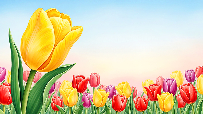 JPG 식물 꽃 화초 컬러 백그라운드 잎 꽃밭 일러스트 자연 하늘 생명 풍경 초원 햇빛 일출 정원 일몰 봄 튤립 원예 채색 국내일러스트 AI일러스트 AI콘텐츠 계절 미술 취미 태양 노을 생태계 파일형식