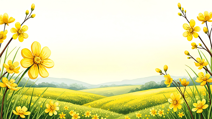 JPG 나무 식물 꽃 컬러 백그라운드 일러스트 자연 하늘 생명 산 풍경 초원 햇빛 노란색 봄 목초지 지평선 평야 국내일러스트 AI일러스트 AI콘텐츠 계절 태양 목장 생태계 파일형식 초원_자연