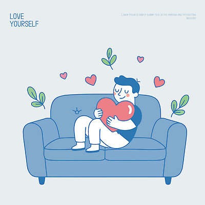 남자 행복 감정 일러스트 사랑 앉기 일상 장식 소파 하트 표현 메시지 편안함 즐거움 긍정 이미지 치유 마음건강 국내일러스트 AI파일 모양 컨셉 의자 모션 사람 라이프 마음 감각 파일형식 벡터