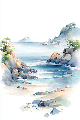 JPG 나무 파도 바다 여행 일러스트 자연 산 풍경 해변 물 파란색 수평선 국내일러스트 AI일러스트 AI콘텐츠 자연요소 식물 컬러 생태계 파일형식