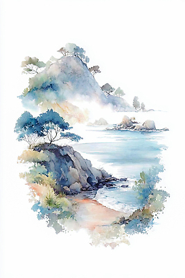 JPG 나무 파도 바다 여행 일러스트 자연 하늘 휴식 산 풍경 해변 물 캠핑 돌_바위 언덕 그림 조경 뷰티풀 색감 국내일러스트 AI일러스트 AI콘텐츠 자연요소 식물 컨셉 레저 생태계 파일형식