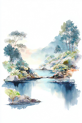 JPG 나무 식물 꽃 여유 일러스트 자연 아침 수채화 풍경 물 강 햇빛 고요 돌_바위 시간 수면 숲 엽서 차분 국내일러스트 AI일러스트 AI콘텐츠 주간 자연요소 감정 컨셉 태양 편지 생태계 파일형식