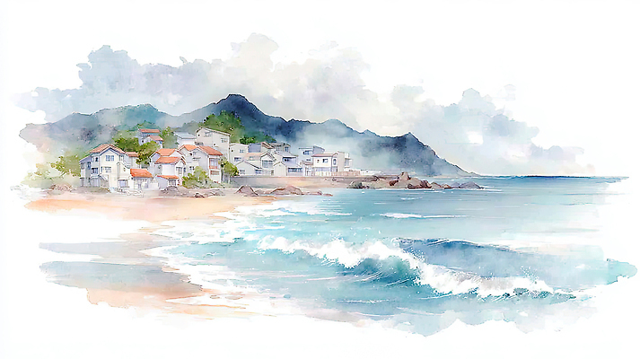 JPG 파도 바다 여행 일러스트 자연 수채화 산 주택 풍경 해변 물 여름 평화 마을 그림 국내일러스트 AI일러스트 AI콘텐츠 자연요소 계절 컨셉 건물 생태계 파일형식