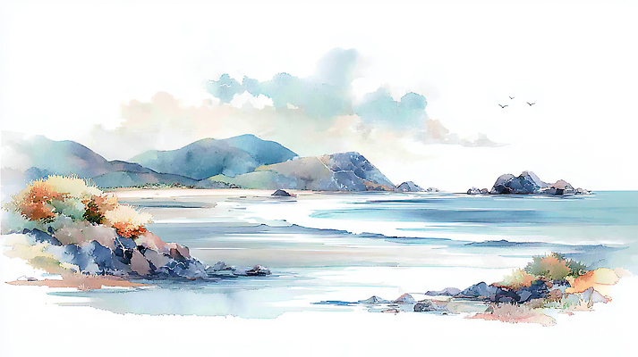 JPG 식물 파도 바다 여행 일러스트 자연 하늘 수채화 산 풍경 해변 물 일몰 조경 풍경화 국내일러스트 AI일러스트 AI콘텐츠 자연요소 노을 그림 생태계 파일형식