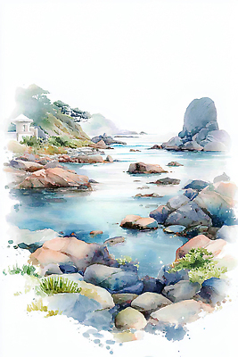 JPG 나무 물결 바다 여행 일러스트 자연 하늘 생명 날씨 풍경 해변 여름 시간 생태계 조용 수평선 국내일러스트 AI일러스트 AI콘텐츠 식물 계절 파일형식