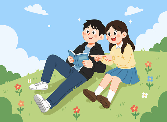 커플 여자 남자 꽃 여유 데이트 일러스트 모션 자연 하늘 이야기 대화 웃음 초원 책 친구 독서 봄 만남 편안함 즐거움 소통 오후 국내일러스트 AI파일 식물 계절 감정 컨셉 관계 표정 말하기 사람 감각 생태계 파일형식 벡터