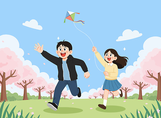 나무 커플 공원 어린이 데이트 일러스트 모션 자연 놀이 하늘 웃음 풍경 잔디 초원 친구 달리기 봄 연 즐거움 연날리기 국내일러스트 AI파일 식물 계절 공공시설 감정 관계 표정 사람 놀이용품 전통놀이 생태계 파일형식 벡터