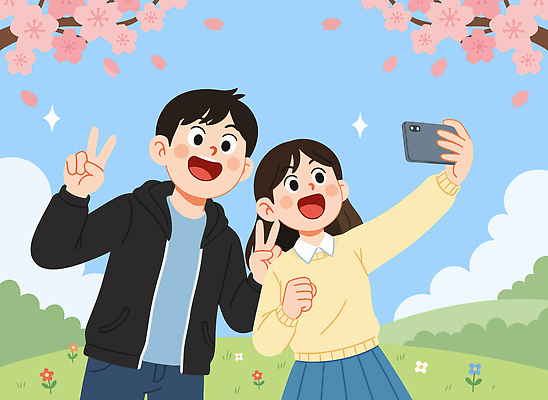 커플 공원 꽃잎 꽃 감정 데이트 일러스트 모션 청소년 자연 하늘 웃음 친구 평화 봄 벚꽃 휴일 셀프카메라 즐거움 소통 국내일러스트 AI파일 식물 계절 공공시설 컨셉 관계 표정 사람 사진촬영 생태계 파일형식 벡터