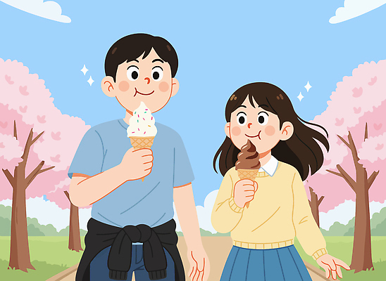 나무 캐릭터 커플 공원 여자 남자 데이트 일러스트 아이스크림 디저트 거리 이야기 웃음 친구 걷기 봄 만남 벚꽃 즐거움 국내일러스트 AI파일 식물 계절 공공시설 꽃 감정 음식 컨셉 관계 모션 표정 사람 파일형식 벡터
