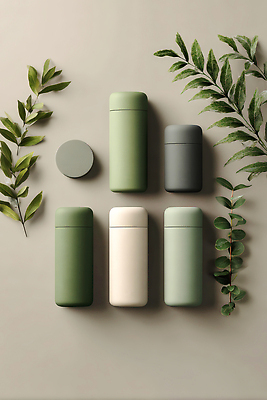JPG 모양 식물 편집이미지 디자인 컬러 자연 회색배경 주방용품 초록색 화장품 배열 오브젝트 일렬 스킨케어 텀블러 편집실사 AI포토 AI콘텐츠 생활용품 백그라운드 컵 뷰티 회색 CG 생태계 파일형식