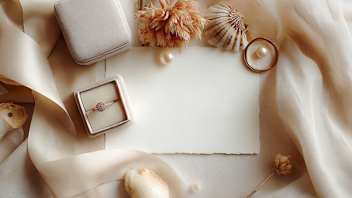 JPG 편집이미지 디자인 결혼 장신구 결혼식 조개 장식 상자 직물 오브젝트 결혼반지 조화 베이지색 카피스페이스 편집실사 AI포토 AI콘텐츠 컬러 어패류 이벤트 공백 반지 CG 파일형식