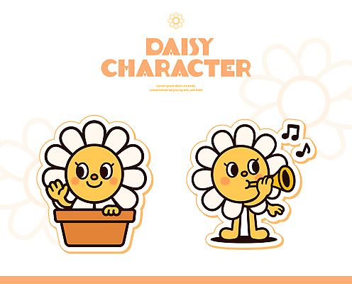 식물 캐릭터 디자인 꽃 화분 예술 음악 상징 컬러 일러스트 모션 자연 놀이 웃음 장식 노란색 귀여움 데이지 트럼펫 일러캐릭터 AI파일 컨셉 문화예술 표정 금관악기 생태계 파일형식 벡터