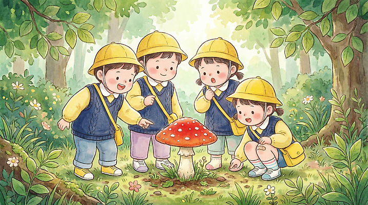 JPG 식물 어린이 일러스트 모션 자연 웃음 여름 친구 버섯 유치원 유치원생 탐험 관찰 체험학습 그룹 숲 즐거움 신기함 놀기 흥미 국내일러스트 AI일러스트 AI콘텐츠 계절 교육 감정 컨셉 관계 표정 사람 체험 생태계 파일형식
