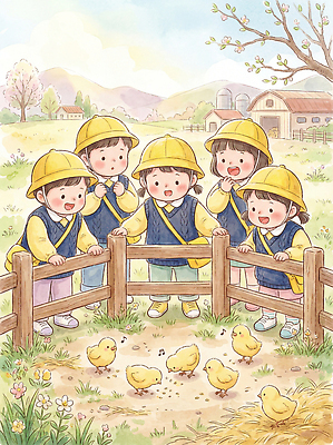 JPG 나무 헤어스타일 어린이 컬러 농업 일러스트 모션 자연 놀이 병아리 작업복 웃음 친구 울타리 농장 봄 유치원 유치원생 체험학습 국내일러스트 AI일러스트 AI콘텐츠 식물 옷 계절 교육 산업 관계 조류 표정 사람 담장 체험 생태계 파일형식