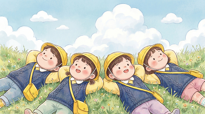 JPG 꽃 행복 어린이 일러스트 가족 자연 놀이 하늘 휴식 밝음 웃음 잔디 초원 여름 친구 노란색 유치원 유치원생 체험학습 국내일러스트 AI일러스트 AI콘텐츠 식물 계절 교육 감정 컬러 컨셉 관계 표정 사람 체험 생태계 파일형식