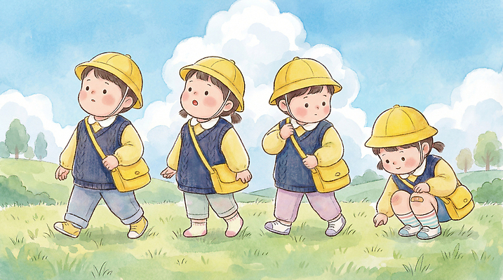 JPG 어린이 일러스트 모션 자연 놀이 하늘 웃음 초원 야외 여름 친구 노란색 걷기 귀여움 유치원 유치원생 체험학습 그림 장면 국내일러스트 AI일러스트 AI콘텐츠 계절 교육 컬러 컨셉 관계 표정 사람 체험 생태계 파일형식