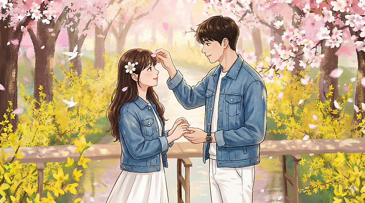 JPG 나무 커플 공원 꽃 여행 일러스트 자연 서울 사랑 미소 풍경 손잡기 봄 산책 벚꽃 날짜 지역 봄소풍 봄여행 오후 국내일러스트 AI일러스트 AI콘텐츠 식물 계절 공공시설 감정 관계 모션 휴식 한국 표정 소풍 생태계 파일형식