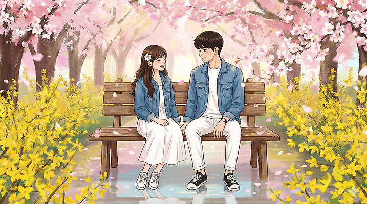 JPG 커플 공원 꽃잎 행복 여행 일러스트 자연 대화 사랑 웃음 사람 풍경 봄 벚꽃 꽃구경 봄소풍 봄여행 수분_꽃가루 국내일러스트 AI일러스트 AI콘텐츠 계절 공공시설 꽃 감정 관계 표정 말하기 소풍 생태계 파일형식